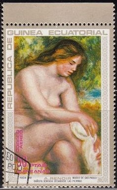 z vendido Guinea Ecuatorial 1973 Michel 214 Sello Pintura Pierre Auguste Renoir Bañista Sentada Secandose las Piernas Sao Paulo Mujeres Desnudas Matasello de favor Preobliterado 